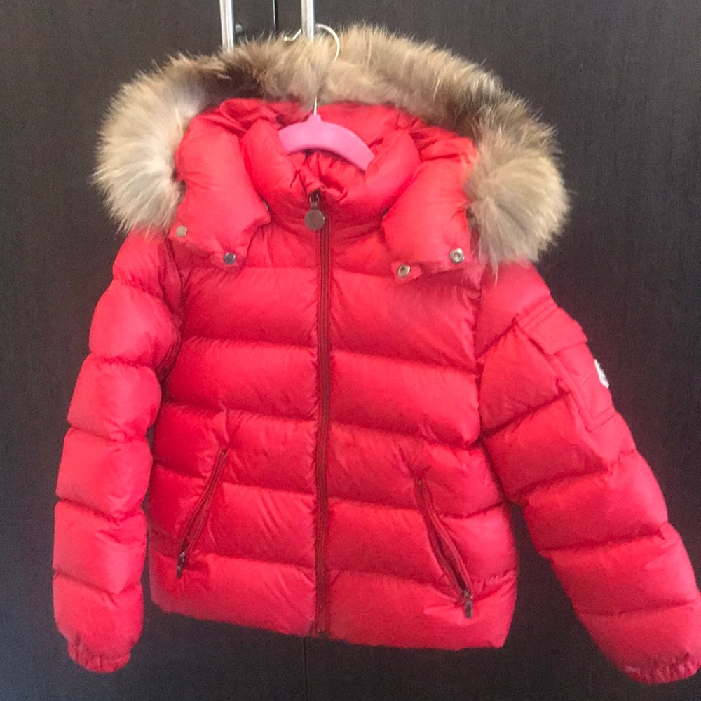 Moncler girls red puffer jacket.